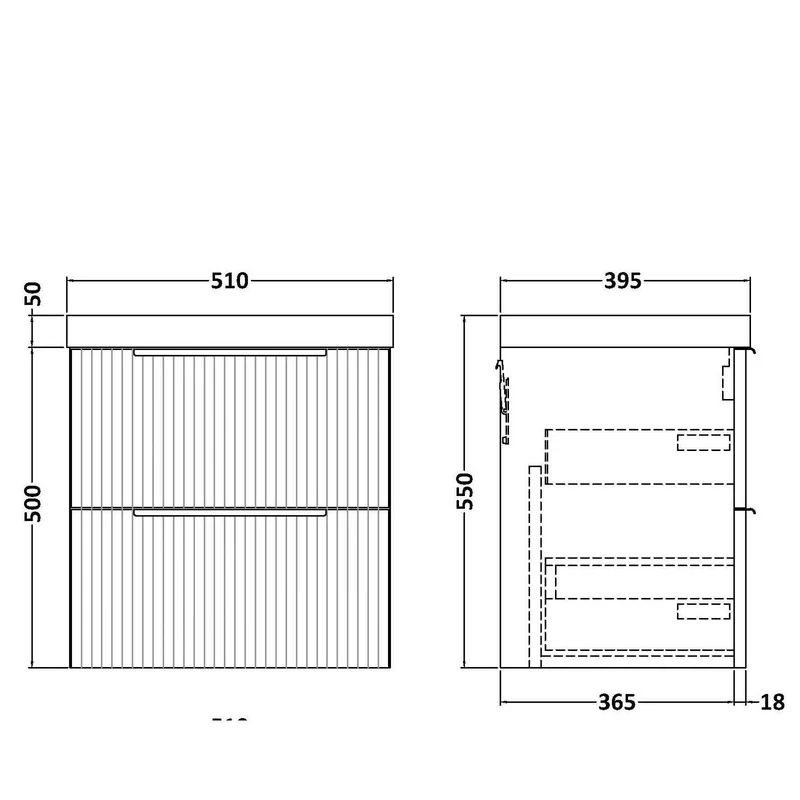 Hudson Reed Fluted Wall Hung 500mm Vanity Unit With 2 Drawers & Ceramic Basin - Satin White