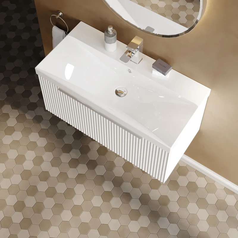 Hudson Reed Fluted Wall Hung 800mm Vanity Unit With 1 Drawer & Ceramic Basin - Satin White