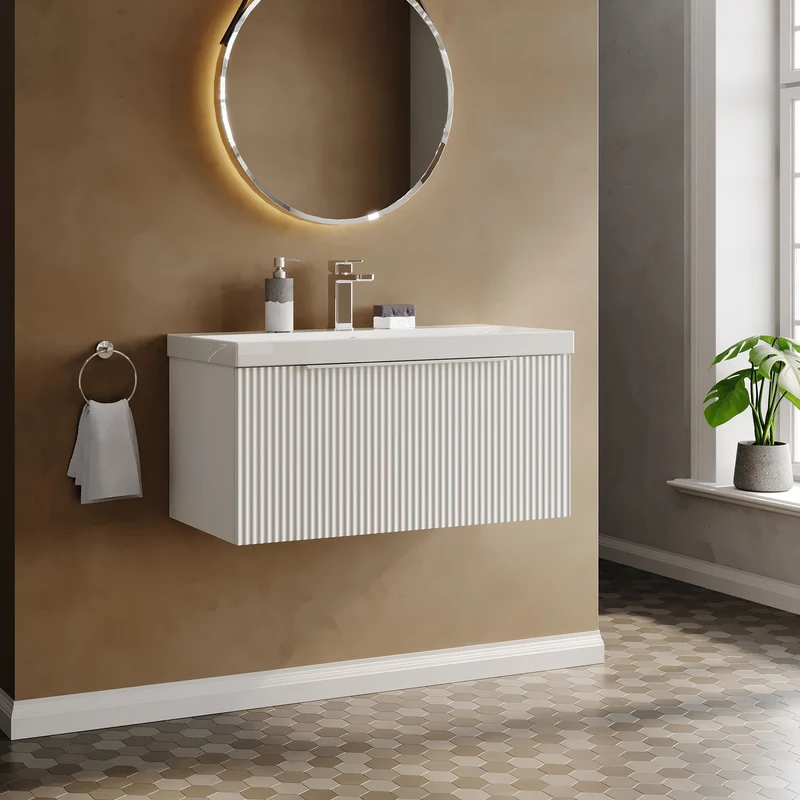 Hudson Reed Fluted Wall Hung 800mm Vanity Unit With 1 Drawer & Ceramic Basin - Satin White