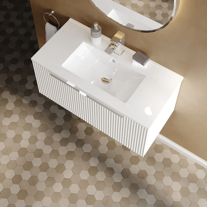 Hudson Reed Fluted Wall Hung 800mm Vanity Unit With 1 Drawer & Ceramic Basin - Satin White