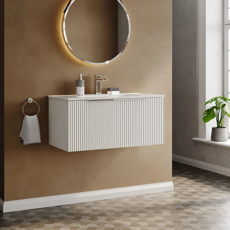 Hudson Reed Fluted Wall Hung 800mm Vanity Unit With 1 Drawer & Ceramic Basin - Satin White