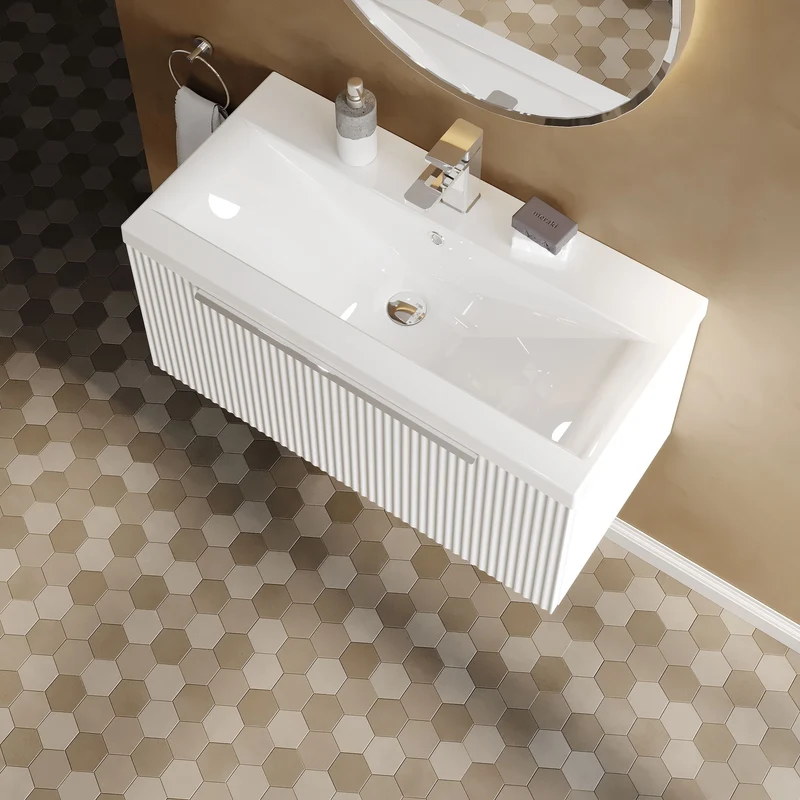 Hudson Reed Fluted Wall Hung 800mm Vanity Unit With 1 Drawer & Ceramic Basin - Satin White