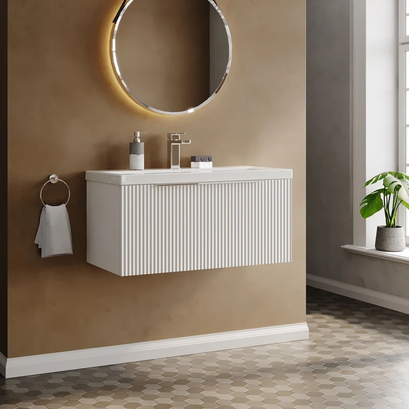 Hudson Reed Fluted Wall Hung 800mm Vanity Unit With 1 Drawer & Ceramic Basin - Satin White