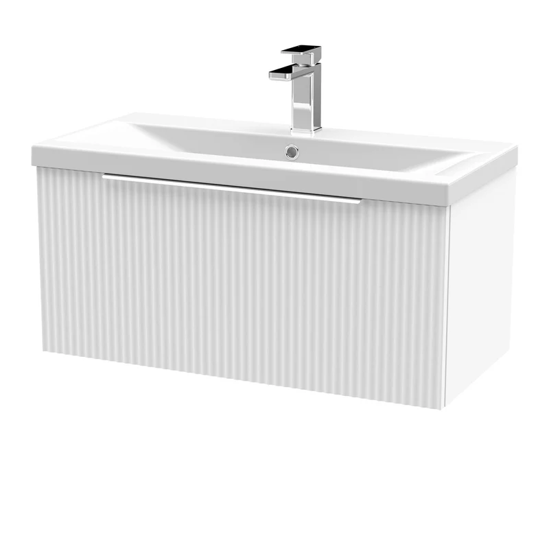 Hudson Reed Fluted Wall Hung 800mm Vanity Unit With 1 Drawer & Ceramic Basin - Satin White