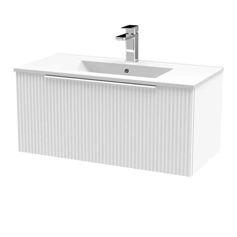 Hudson Reed Fluted Wall Hung 800mm Vanity Unit With 1 Drawer & Ceramic Basin - Satin White