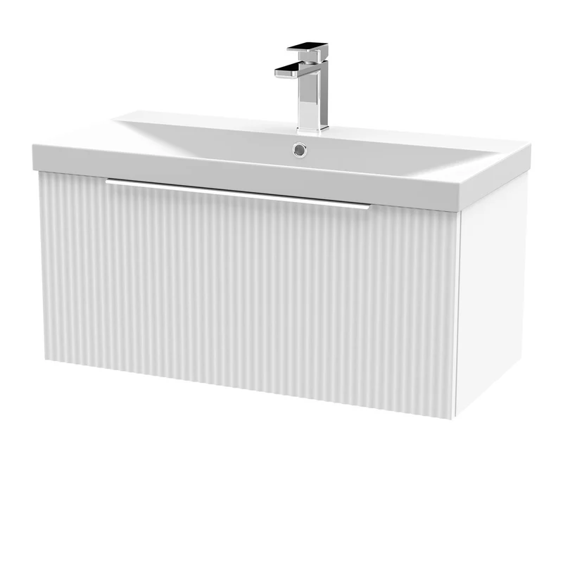Hudson Reed Fluted Wall Hung 800mm Vanity Unit With 1 Drawer & Ceramic Basin - Satin White