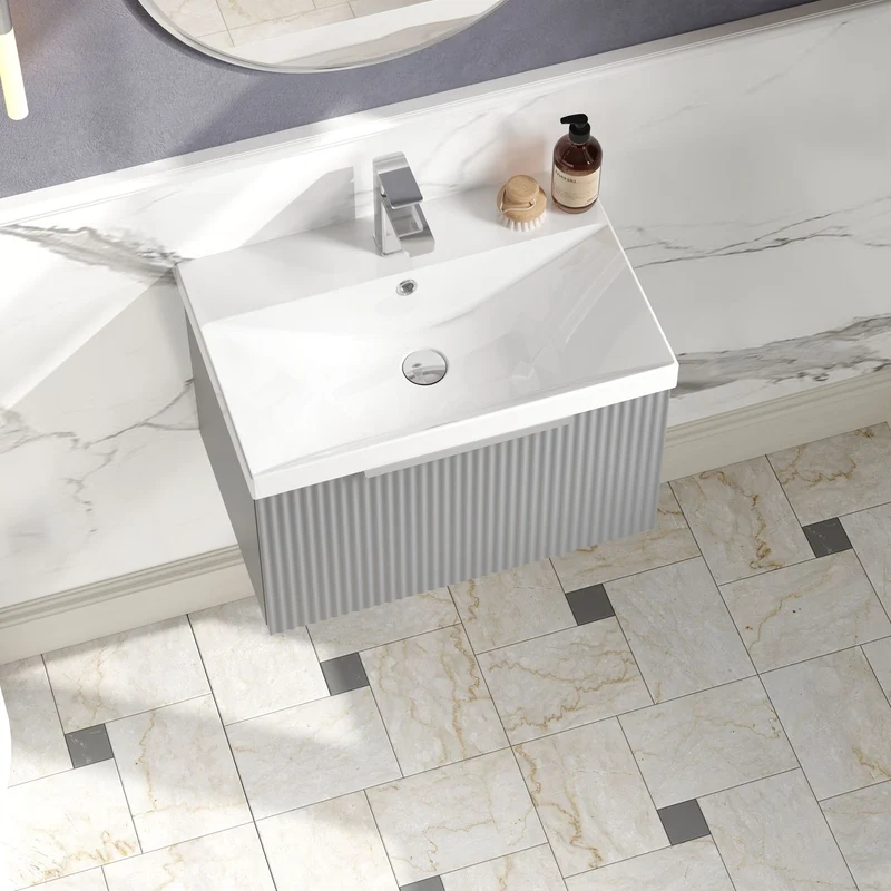 Hudson Reed Fluted Wall Hung 600mm Vanity Unit With 1 Drawer & Ceramic Basin - Satin Grey