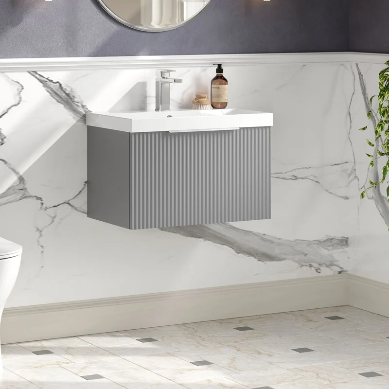 Hudson Reed Fluted Wall Hung 600mm Vanity Unit With 1 Drawer & Ceramic Basin - Satin Grey