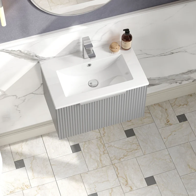 Hudson Reed Fluted Wall Hung 600mm Vanity Unit With 1 Drawer & Ceramic Basin - Satin Grey