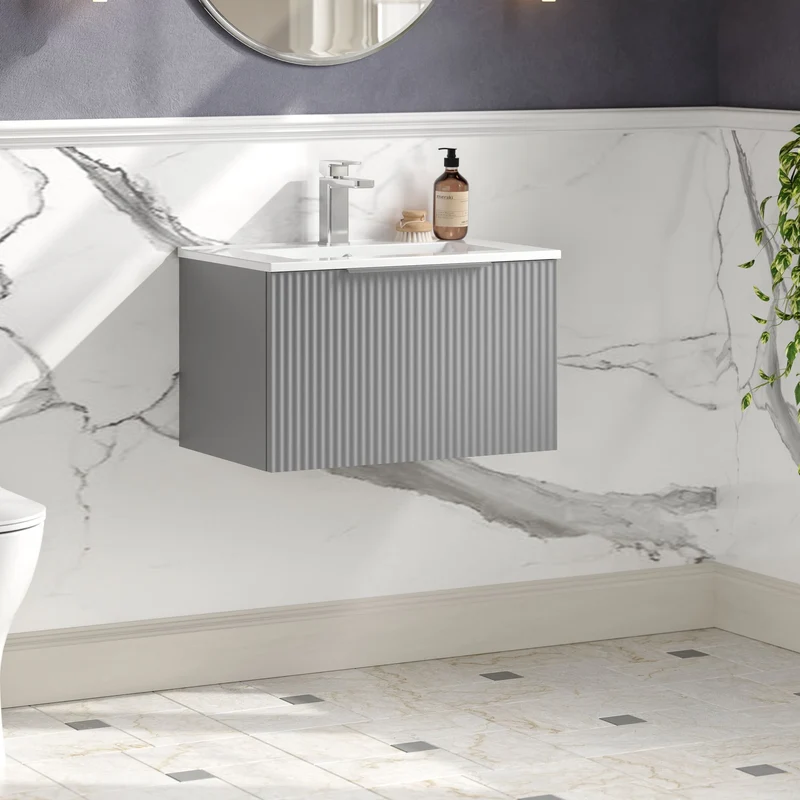 Hudson Reed Fluted Wall Hung 600mm Vanity Unit With 1 Drawer & Ceramic Basin - Satin Grey