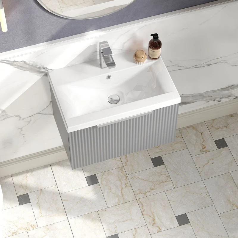Hudson Reed Fluted Wall Hung 600mm Vanity Unit With 1 Drawer & Ceramic Basin - Satin Grey