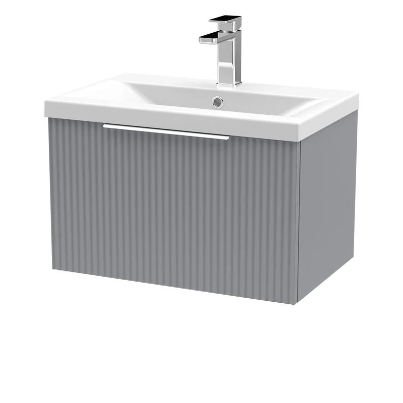 Hudson Reed Fluted Wall Hung 600mm Vanity Unit With 1 Drawer & Ceramic Basin - Satin Grey
