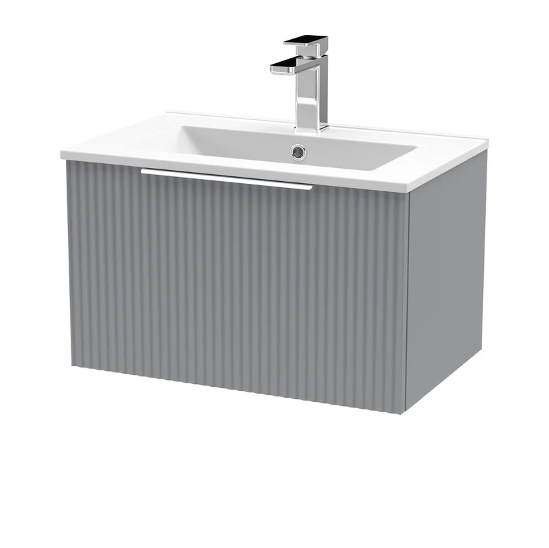 Hudson Reed Fluted Wall Hung 600mm Vanity Unit With 1 Drawer & Ceramic Basin - Satin Grey