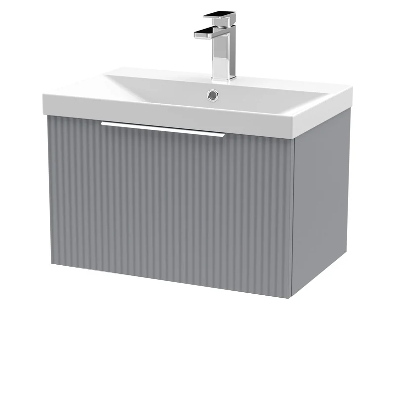 Hudson Reed Fluted Wall Hung 600mm Vanity Unit With 1 Drawer & Ceramic Basin - Satin Grey