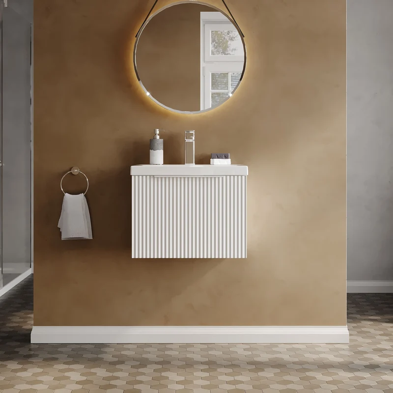 Hudson Reed Fluted Wall Hung 500mm Vanity Unit With 1 Drawer & Ceramic Basin - Satin White