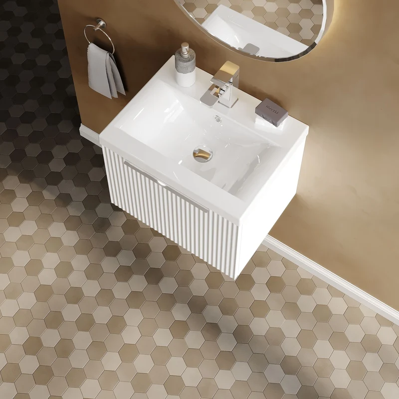 Hudson Reed Fluted Wall Hung 500mm Vanity Unit With 1 Drawer & Ceramic Basin - Satin White