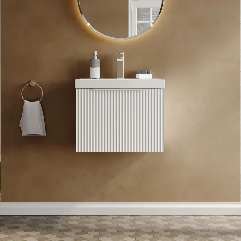 Hudson Reed Fluted Wall Hung 500mm Vanity Unit With 1 Drawer & Ceramic Basin - Satin White