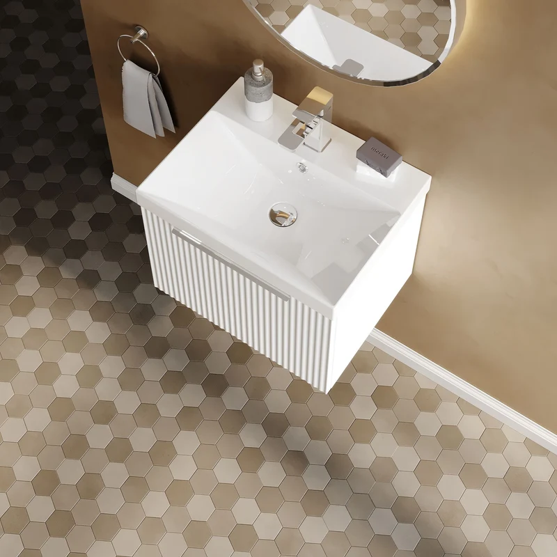 Hudson Reed Fluted Wall Hung 500mm Vanity Unit With 1 Drawer & Ceramic Basin - Satin White