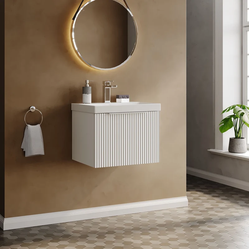 Hudson Reed Fluted Wall Hung 500mm Vanity Unit With 1 Drawer & Ceramic Basin - Satin White