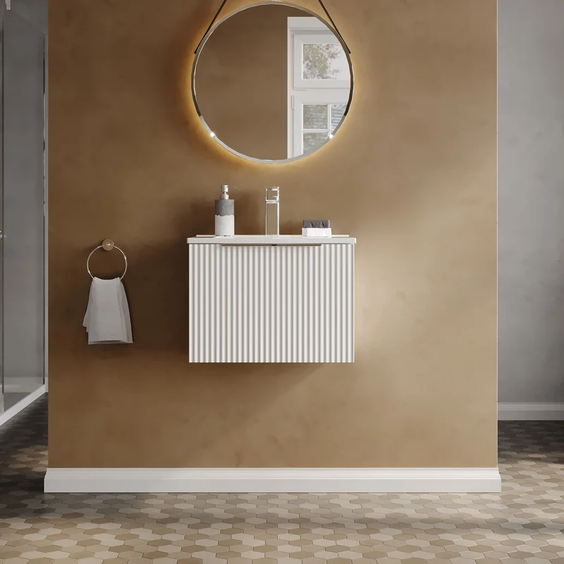 Hudson Reed Fluted Wall Hung 500mm Vanity Unit With 1 Drawer & Ceramic Basin - Satin White