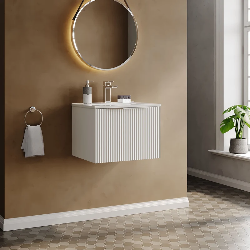 Hudson Reed Fluted Wall Hung 500mm Vanity Unit With 1 Drawer & Ceramic Basin - Satin White