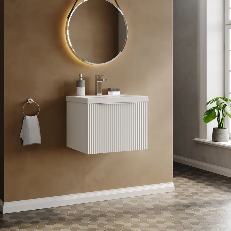 Hudson Reed Fluted Wall Hung 500mm Vanity Unit With 1 Drawer & Ceramic Basin - Satin White