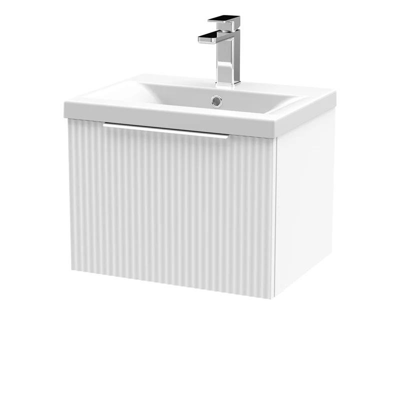 Hudson Reed Fluted Wall Hung 500mm Vanity Unit With 1 Drawer & Ceramic Basin - Satin White