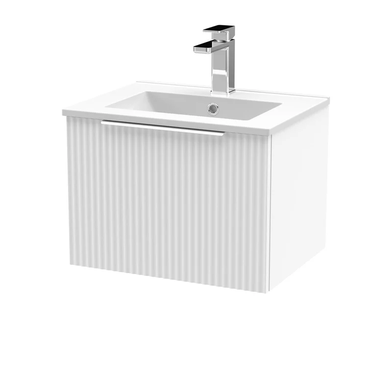 Hudson Reed Fluted Wall Hung 500mm Vanity Unit With 1 Drawer & Ceramic Basin - Satin White