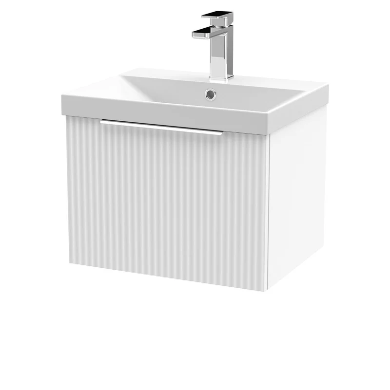 Hudson Reed Fluted Wall Hung 500mm Vanity Unit With 1 Drawer & Ceramic Basin - Satin White