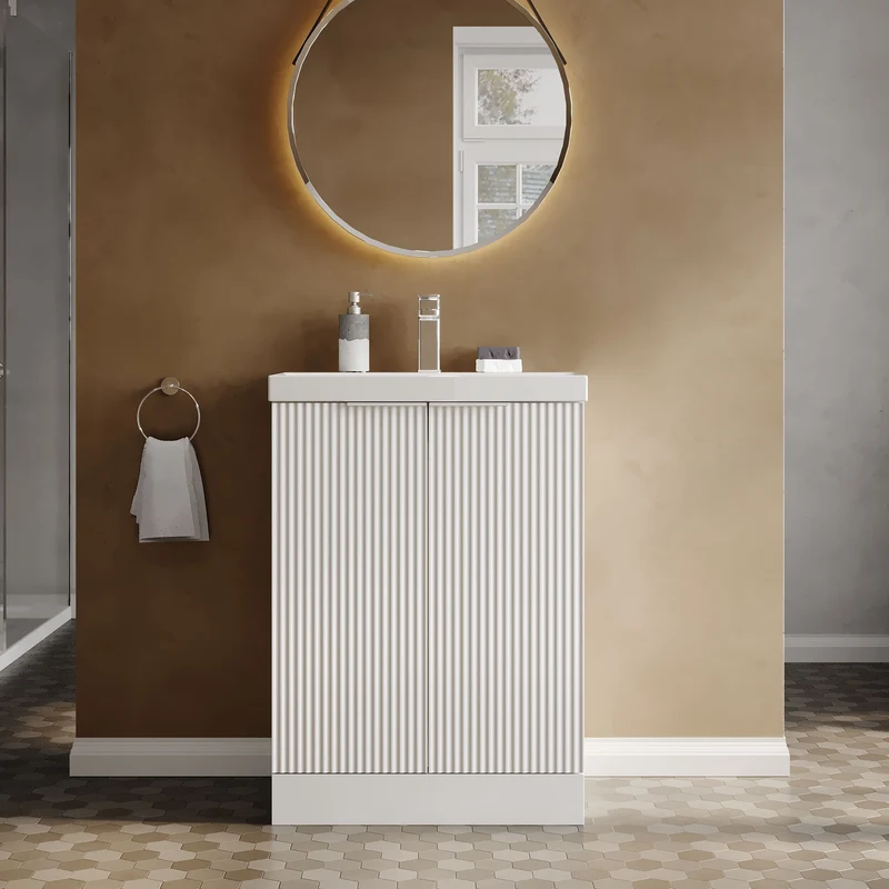 Hudson Reed Fluted Floor Standing 600mm Vanity Unit & Ceramic Basin - Satin White