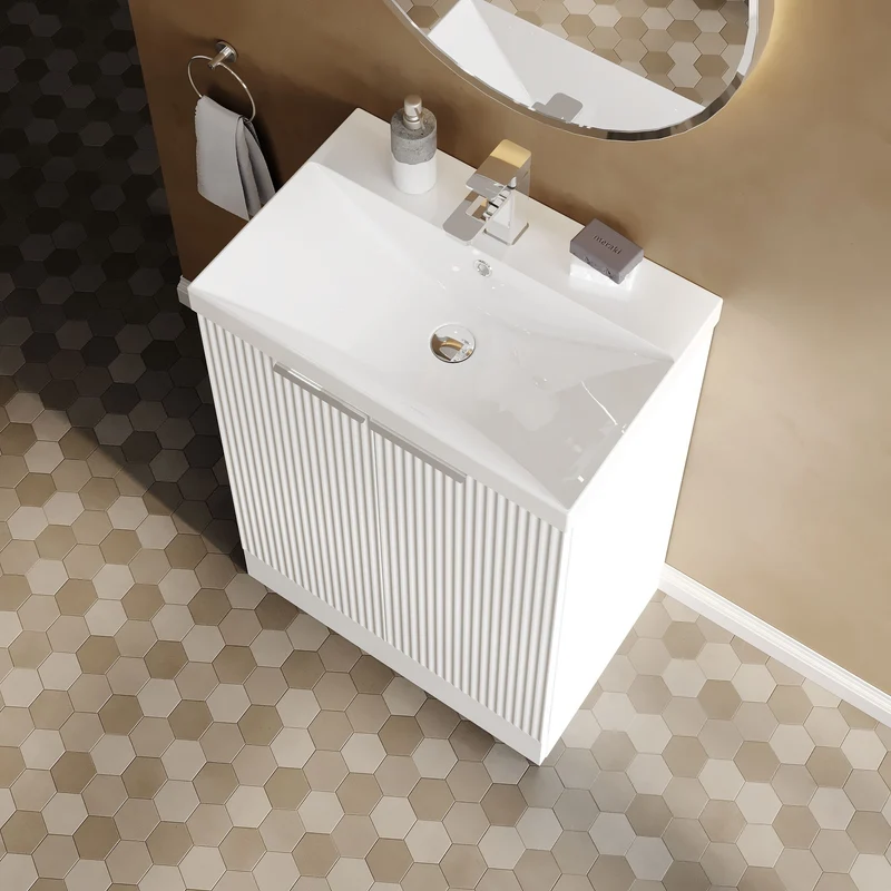 Hudson Reed Fluted Floor Standing 600mm Vanity Unit & Ceramic Basin - Satin White