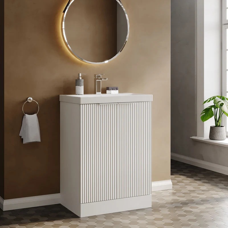 Hudson Reed Fluted Floor Standing 600mm Vanity Unit & Ceramic Basin - Satin White