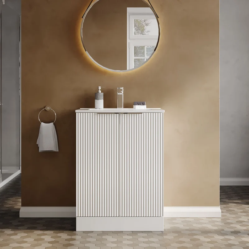 Hudson Reed Fluted Floor Standing 600mm Vanity Unit & Ceramic Basin - Satin White