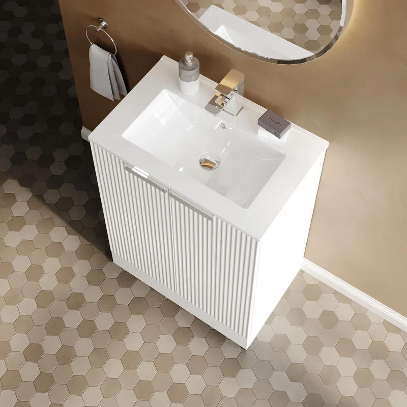 Hudson Reed Fluted Floor Standing 600mm Vanity Unit & Ceramic Basin - Satin White