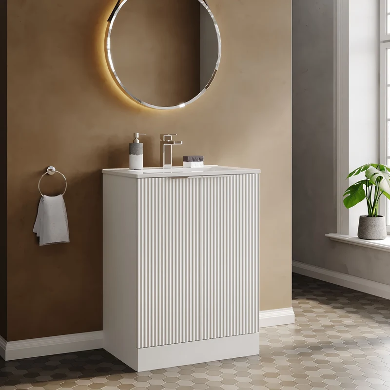 Hudson Reed Fluted Floor Standing 600mm Vanity Unit & Ceramic Basin - Satin White