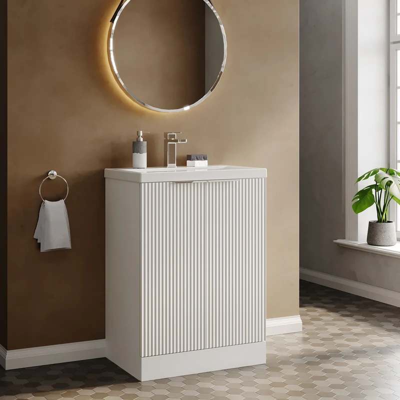 Hudson Reed Fluted Floor Standing 600mm Vanity Unit & Ceramic Basin - Satin White