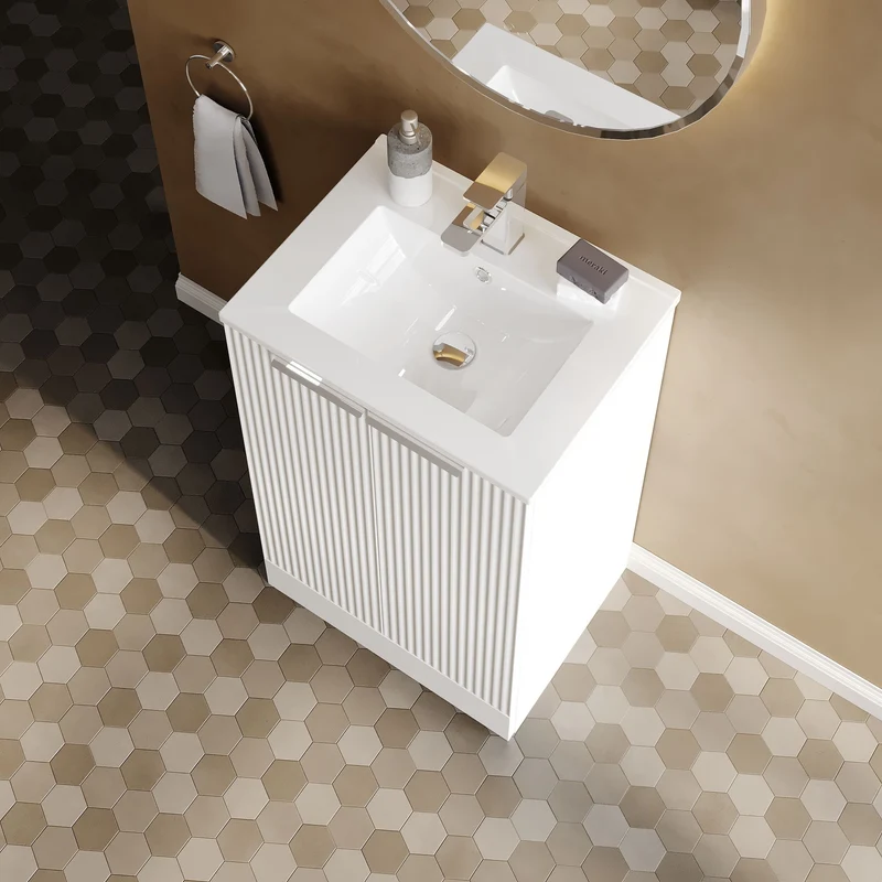 Hudson Reed Fluted Floor Standing 500mm Vanity Unit & Ceramic Basin - Satin White