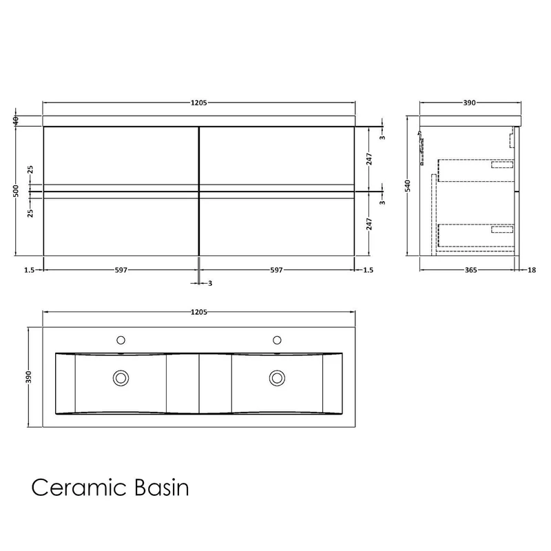 Hudson Reed Urban Wall Hung 1200mm Vanity Unit With 4 Drawers & Double Basin