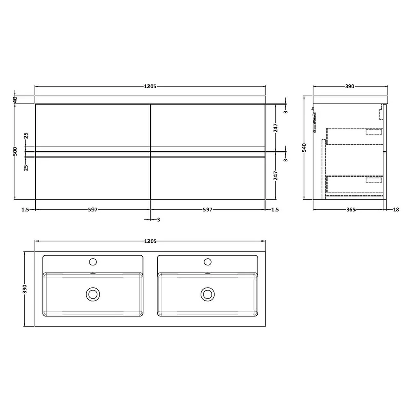 Hudson Reed Urban Wall Hung 1200mm Vanity Unit With 4 Drawers & Double Basin