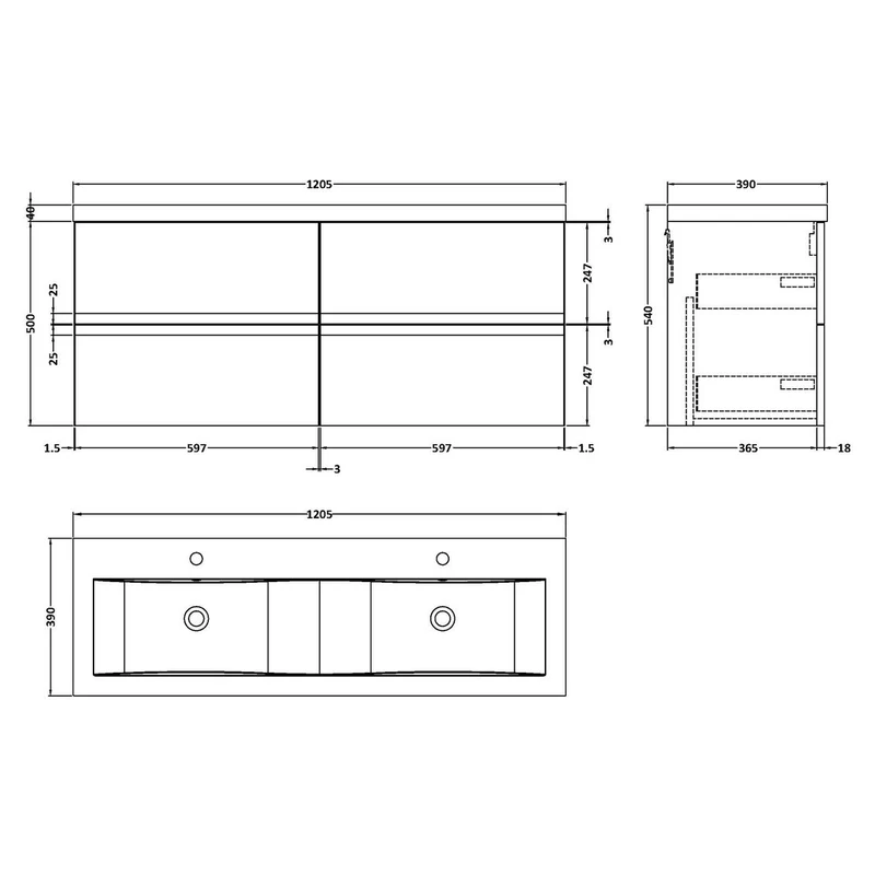 Hudson Reed Urban Wall Hung 1200mm Vanity Unit With 4 Drawers & Double Basin