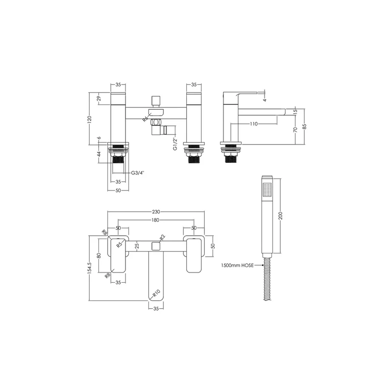 Nuie Windon Deck Mounted Bath Shower Mixer With Kit Contemporary Chrome Brass,brass ABS 136x230x147mm