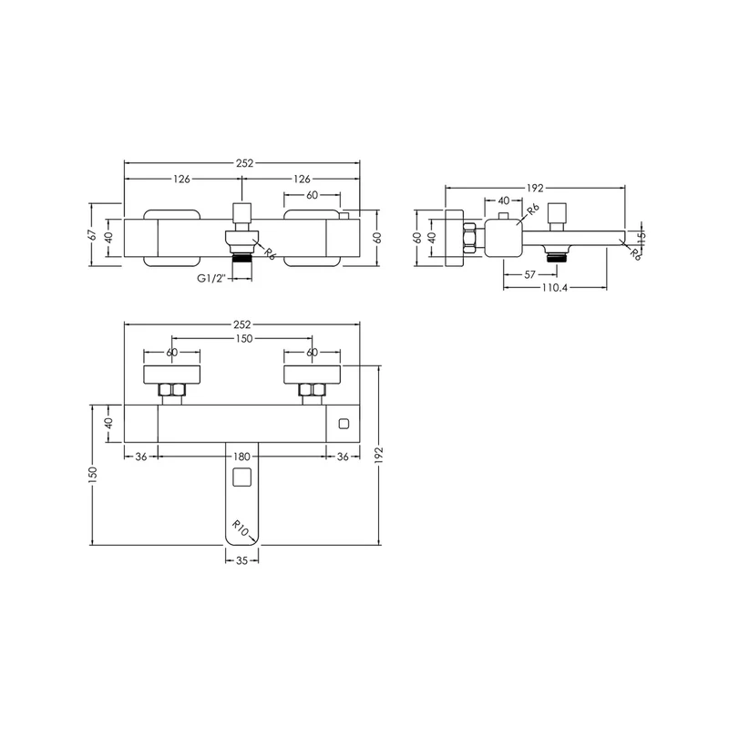 Nuie Windon Wall Mounted Thermostatic Bath Shower Mixer Contemporary Chrome Brass,brass ABS 40x252x150mm