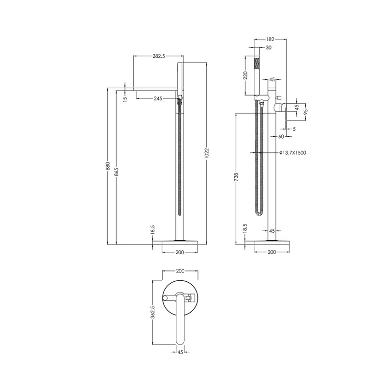 Nuie Binsey Freestanding Bath Shower Mixer With Kit Contemporary Brushed Pewter ABS,brass 880x200x360mm