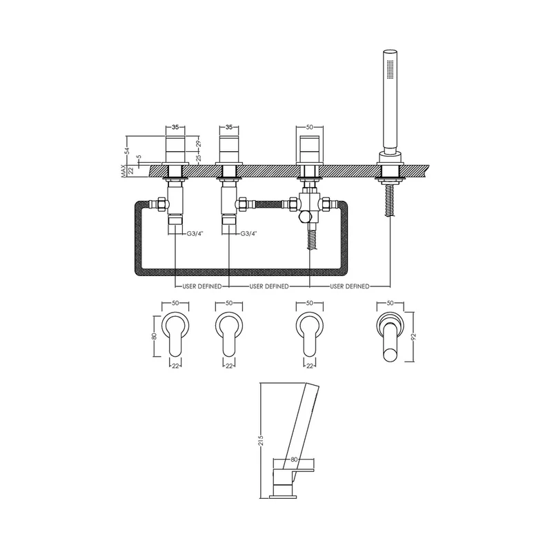 Nuie Binsey Deck Mounted 4 Tap Hole Bath Shower Mixer No Spout Contemporary Chrome Brass,brass ABS 54x435x80mm