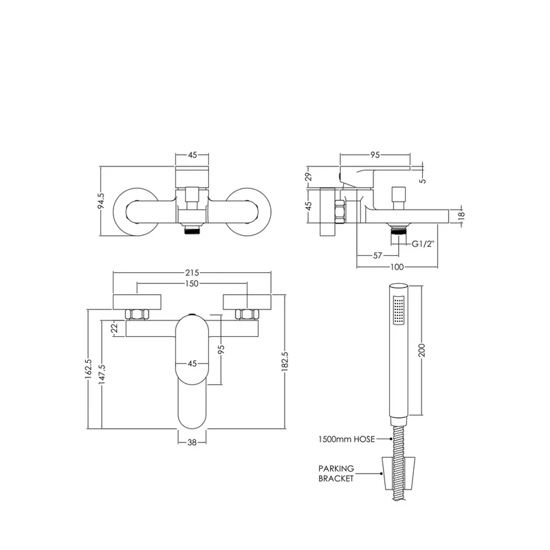 Nuie Binsey Wall Mounted Bath Shower Mixer With Kit Contemporary Chrome Brass ABS,plastic 77x180x147mm