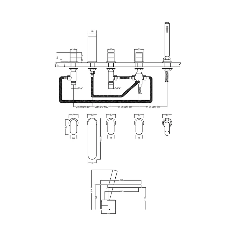 Nuie Binsey Deck Mounted 5 Tap Hole Bath Shower Mixer Contemporary Chrome Brass,brass ABS 135x535x217mm
