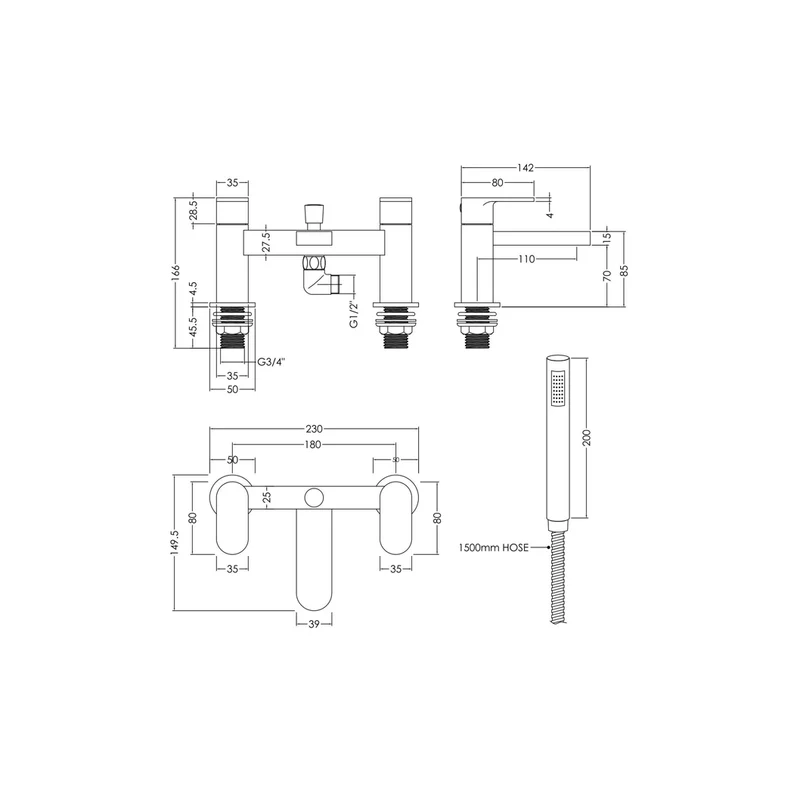 Nuie Binsey Deck Mounted Bath Shower Mixer With Kit Contemporary Chrome Brass,brass ABS 120x215x142mm