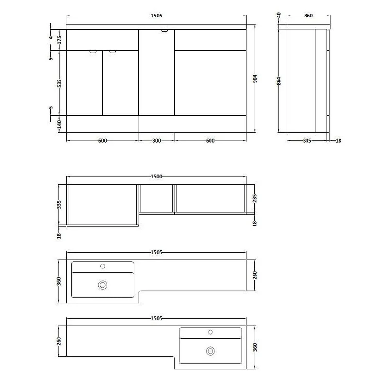 Hudson Reed Fusion 1500mm Floorstanding Combination Unit With 300mm Base Unit & 600mm WC Unit