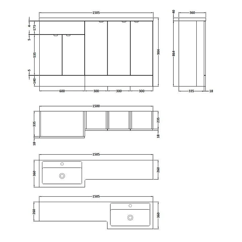 Hudson Reed Fusion 1500mm Floorstanding Combination Unit With 3 x 300mm Base Units
