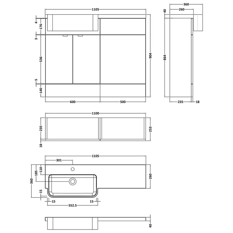 Hudson Reed Fusion 1100mm Floorstanding Combination Unit With Round Semi Recessed Basin